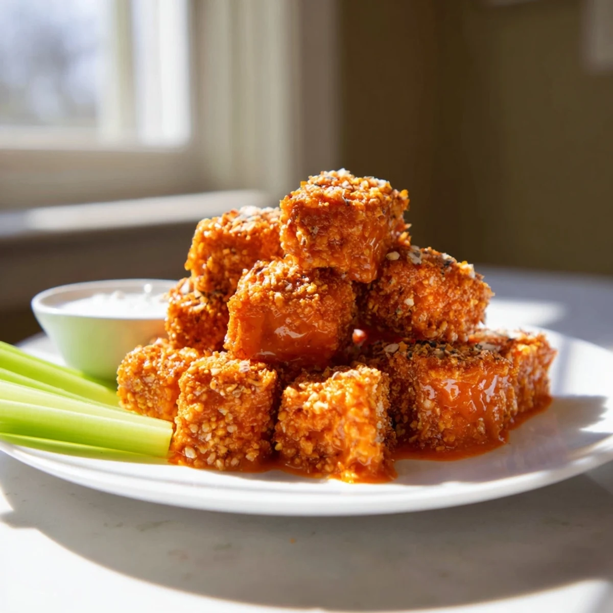 Crunchy Spicy Pretzel Crusted Buffalo Bites served with creamy ranch dressing.