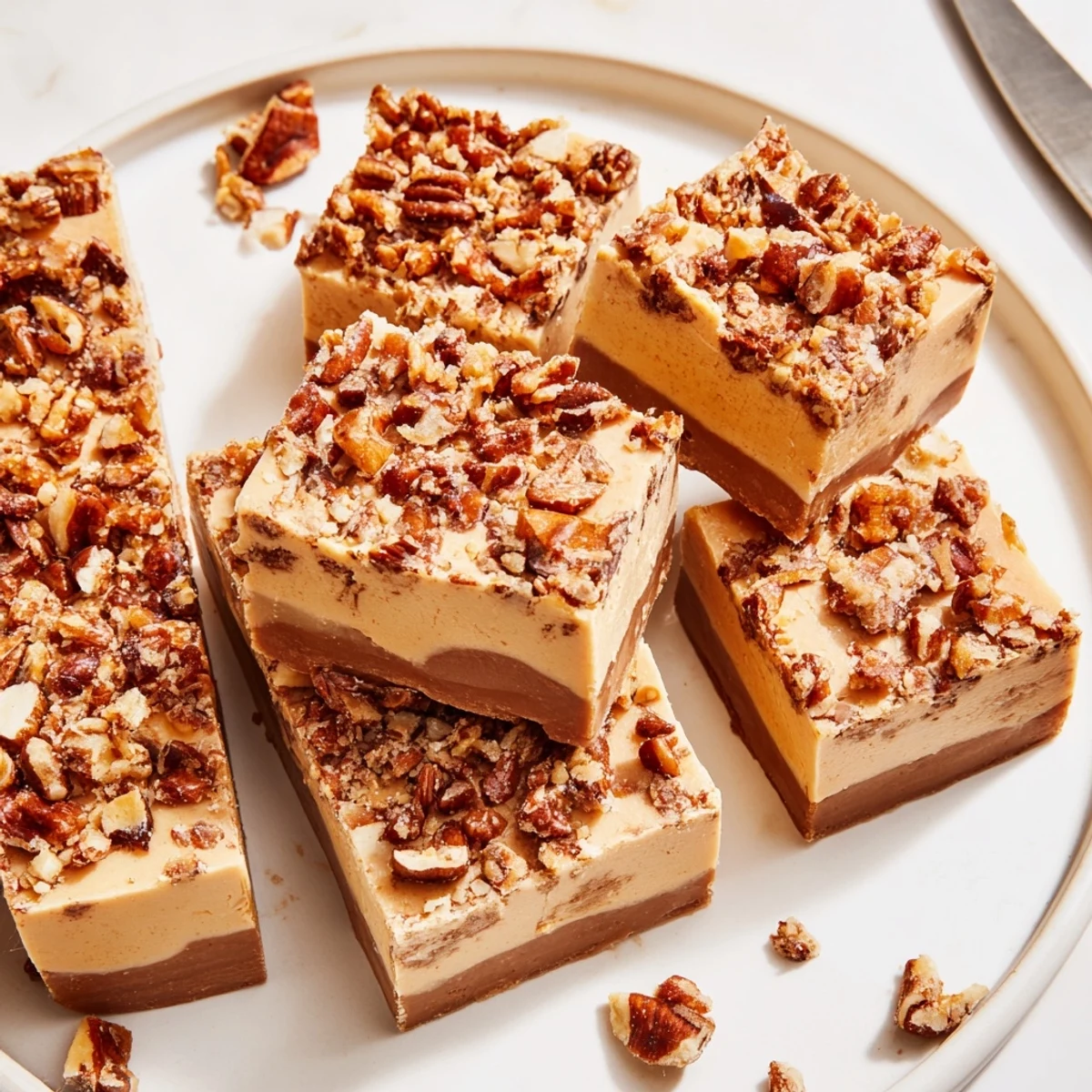 Creamy Mocha Pumpkin Praline Fudge topped with crunchy pecan praline pieces.
