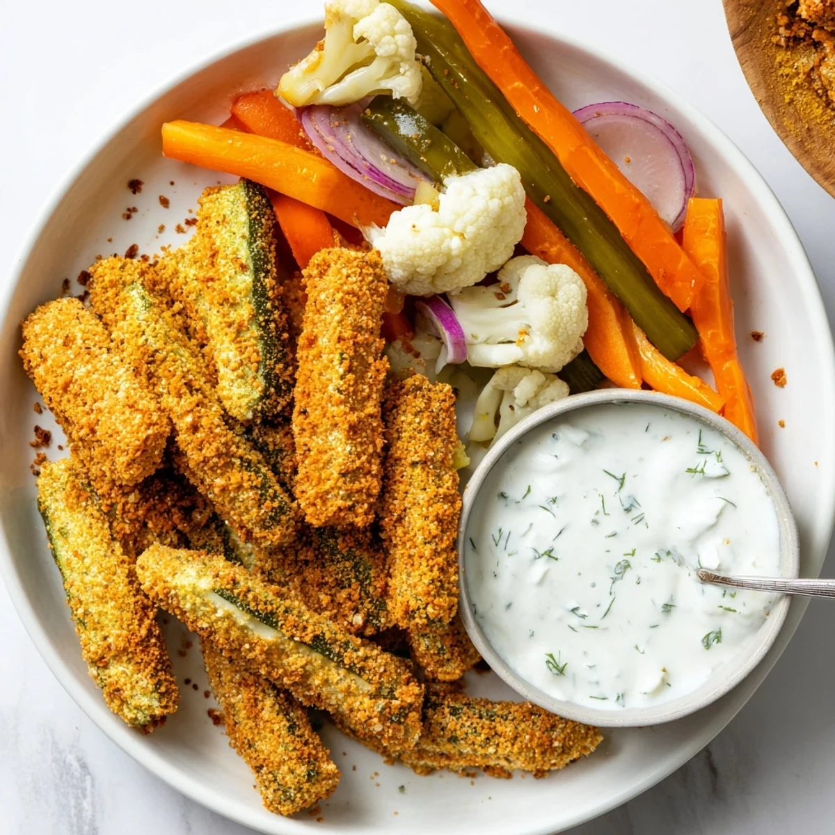 Crispy fried pickles and colorful pickled veggies make the perfect Pickle Lovers Meal.  