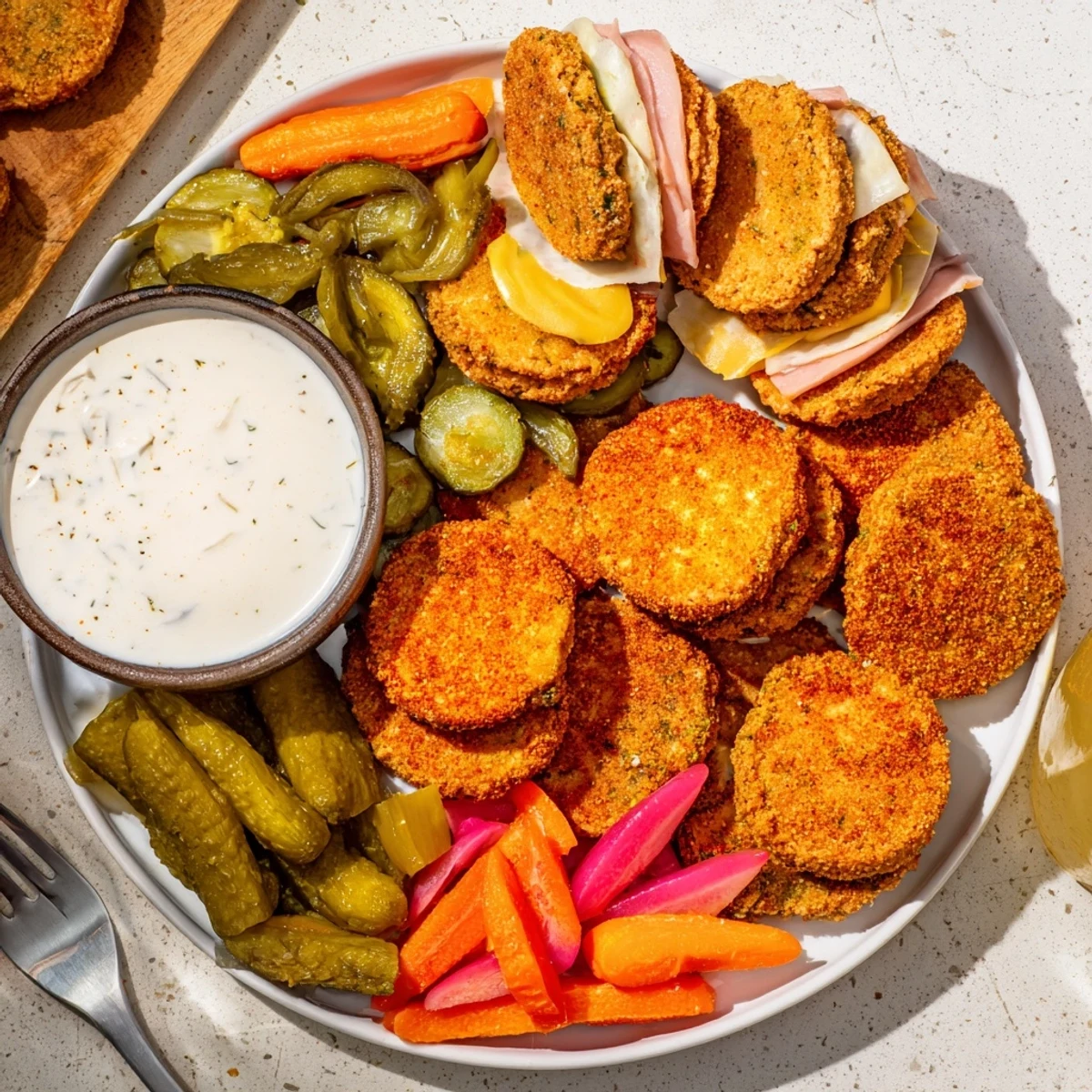 Deliciously crunchy fried pickles and unique pickled bites on a vibrant platter.  