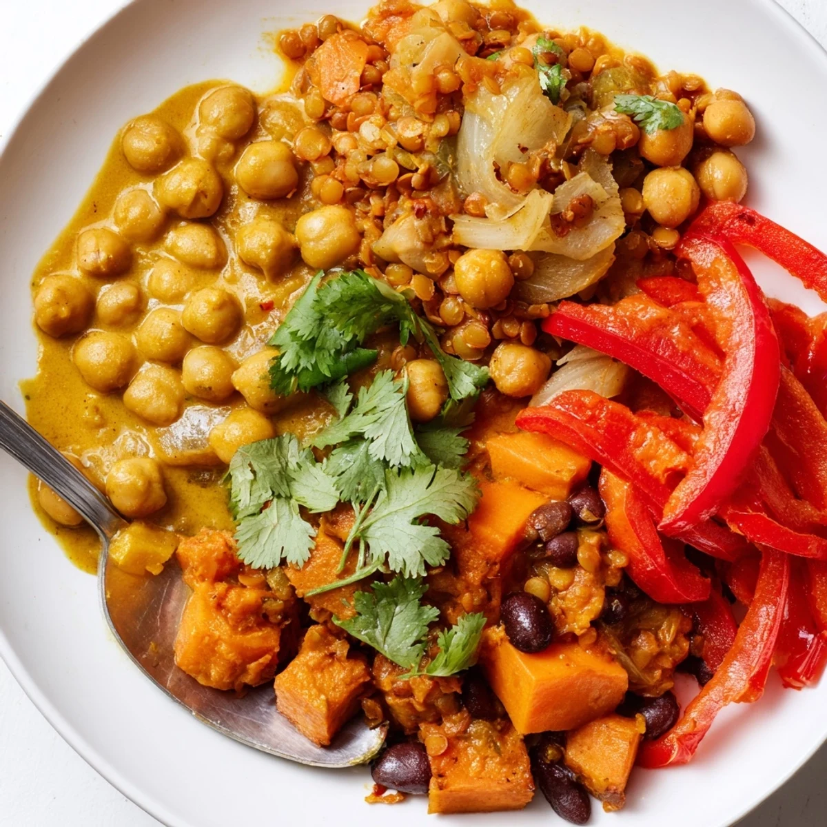 Aromatic Thai red lentil curry with colorful bell peppers and creamy coconut milk.  