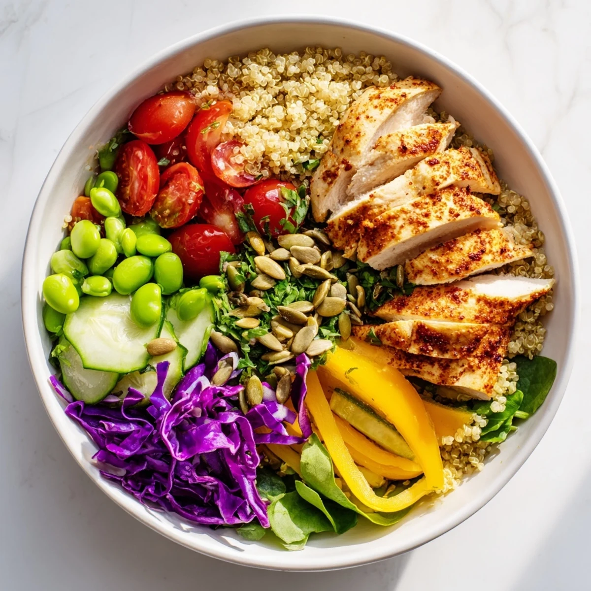Colorful healthy meal-prep bowls with chicken, quinoa, and vibrant veggies on display.  