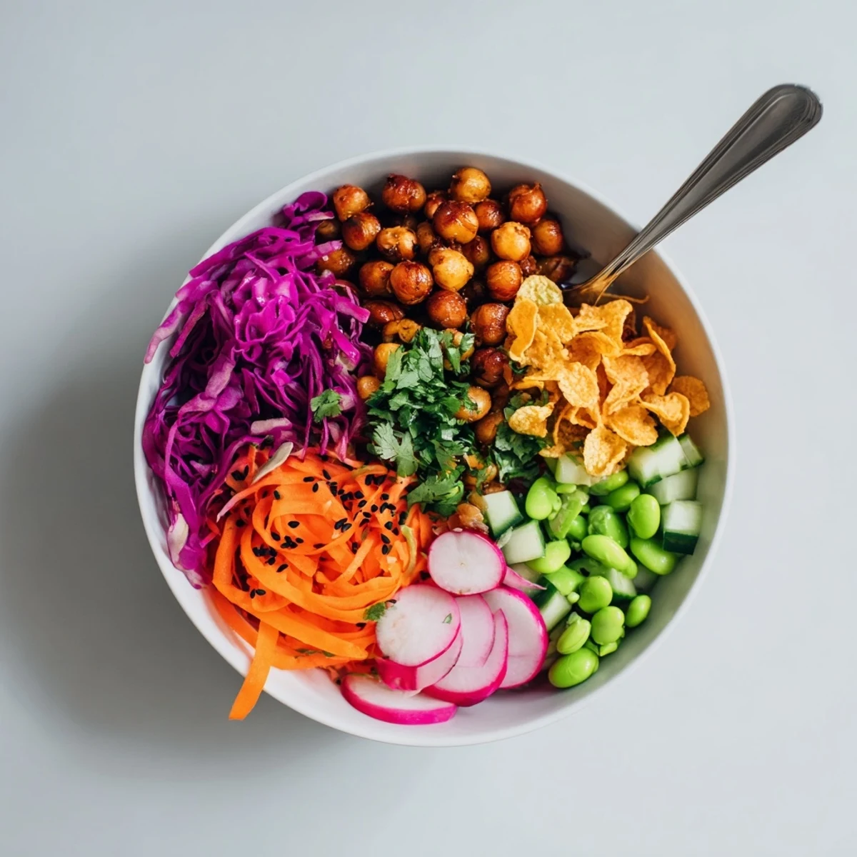 Vibrant ASMR Crunch Snack Bowls brimming with colorful, fresh vegetables and crispy toppings.  