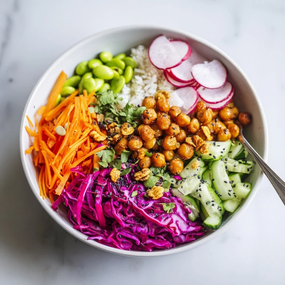 Deliciously layered ASMR Crunch Snack Bowls topped with crispy chickpeas and earthy pumpkin seeds.  