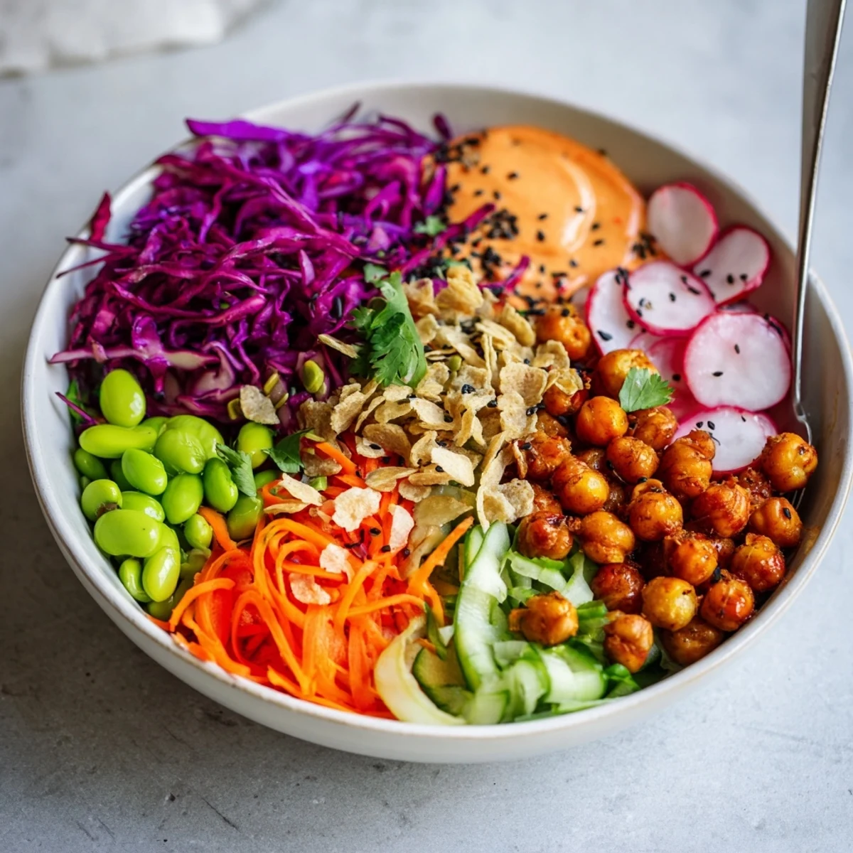 Eye-catching ASMR Crunch Snack Bowls served with zesty sriracha mayo for extra flavor.