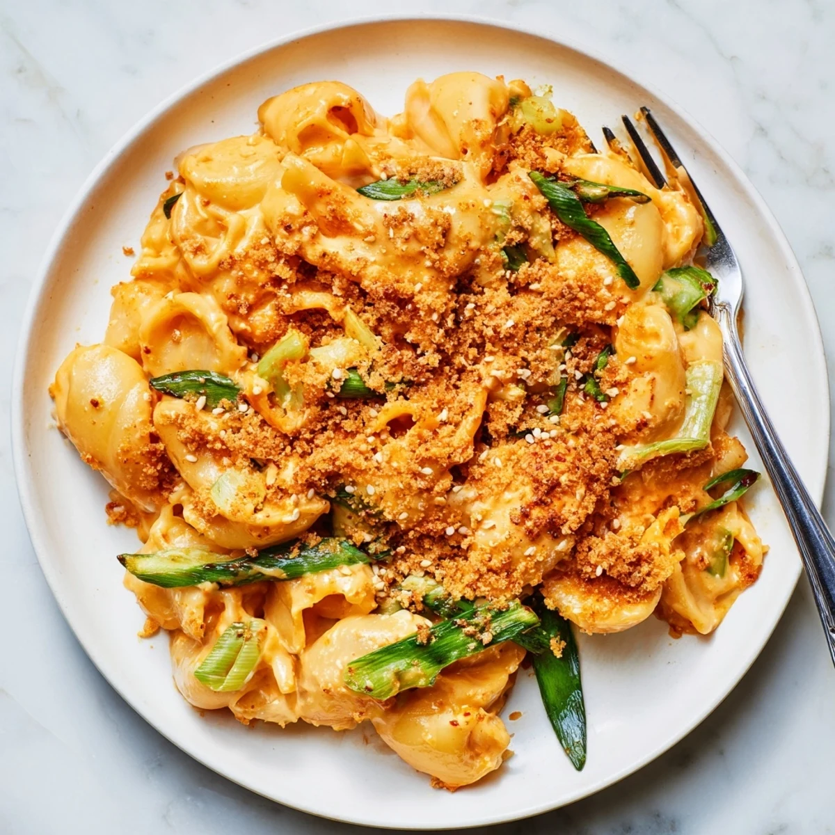 Vibrant Spicy Kimchi Mac & Cheese, melting cheese layered with tangy kimchi goodness.  