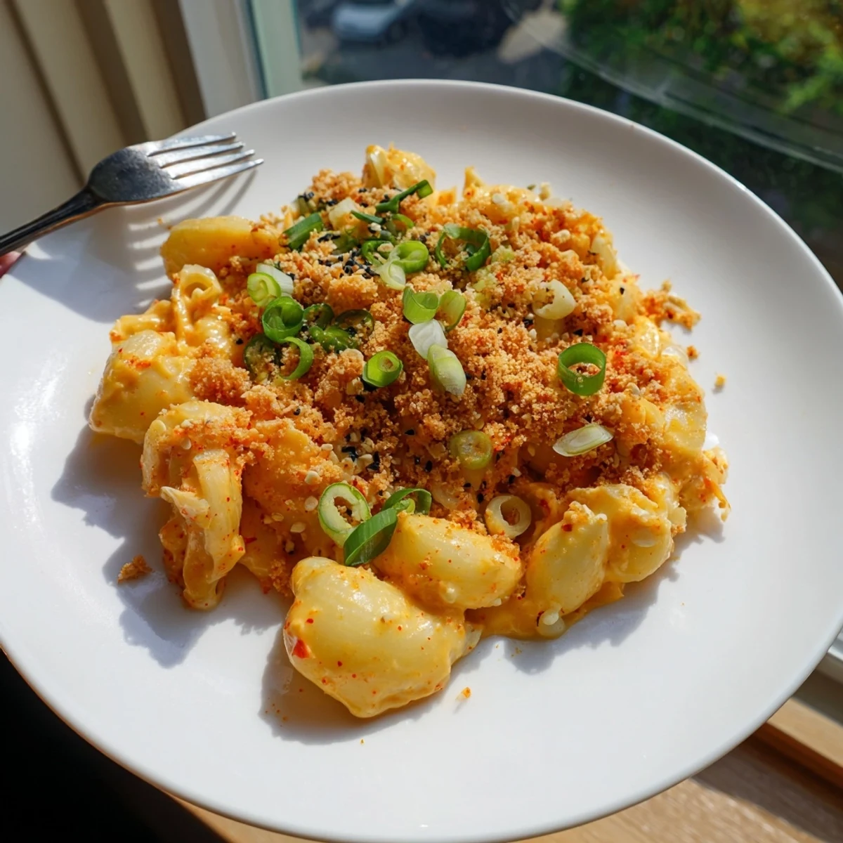 Creamy Spicy Kimchi Mac & Cheese topped with crunchy sesame, perfect for a cozy meal.  