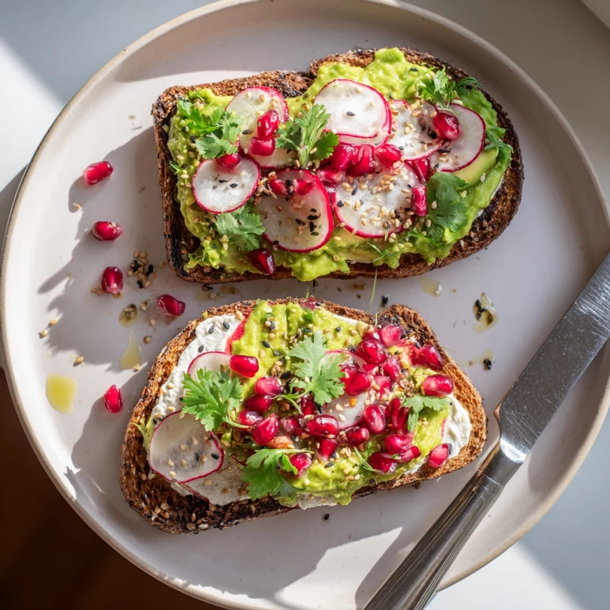 Vibrant Bright & Bold Breakfast Toasts topped with avocado, ube spread, and colorful garnishes.  