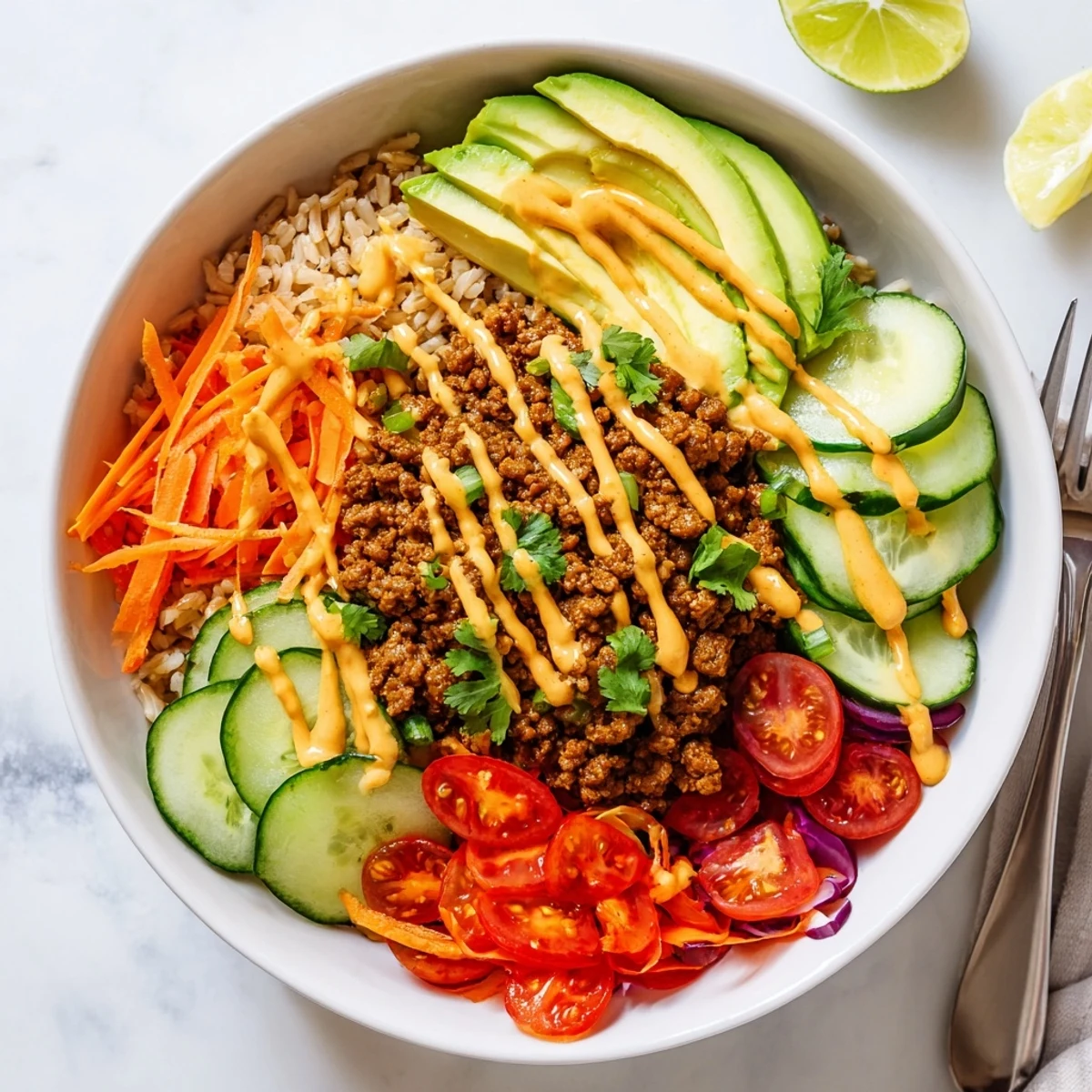 Vibrant plant-based meat bowl with fresh veggies, topped with zesty lime wedges.  