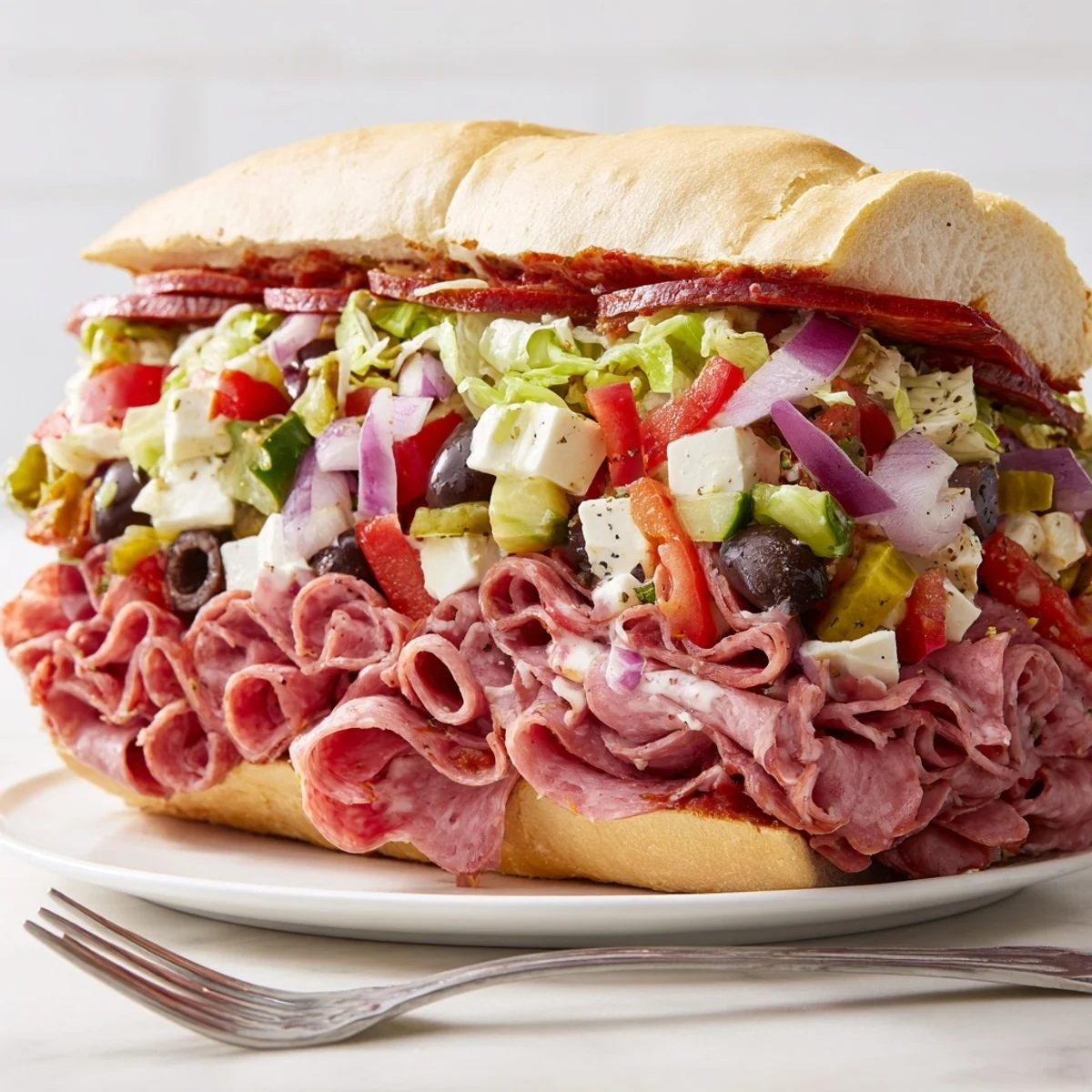 Delectable Flavor Mash-Up Sandwiches boasting layered cheeses, roasted red peppers, and zesty dressing.  