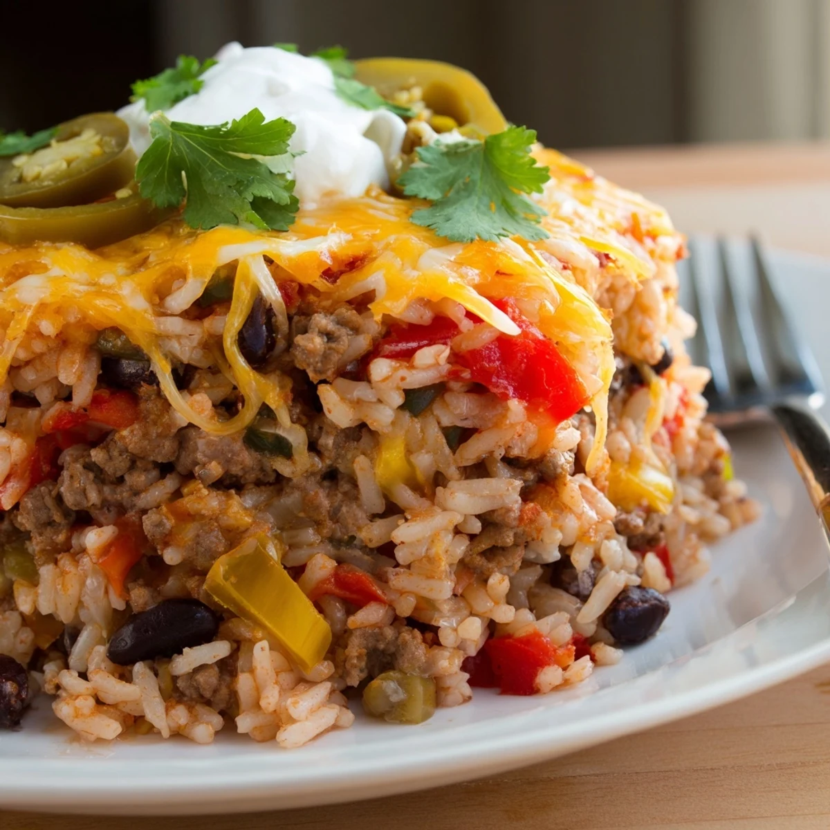 Hearty Tex-Mex Beef & Rice Casserole with savory cheese and colorful veggies.  