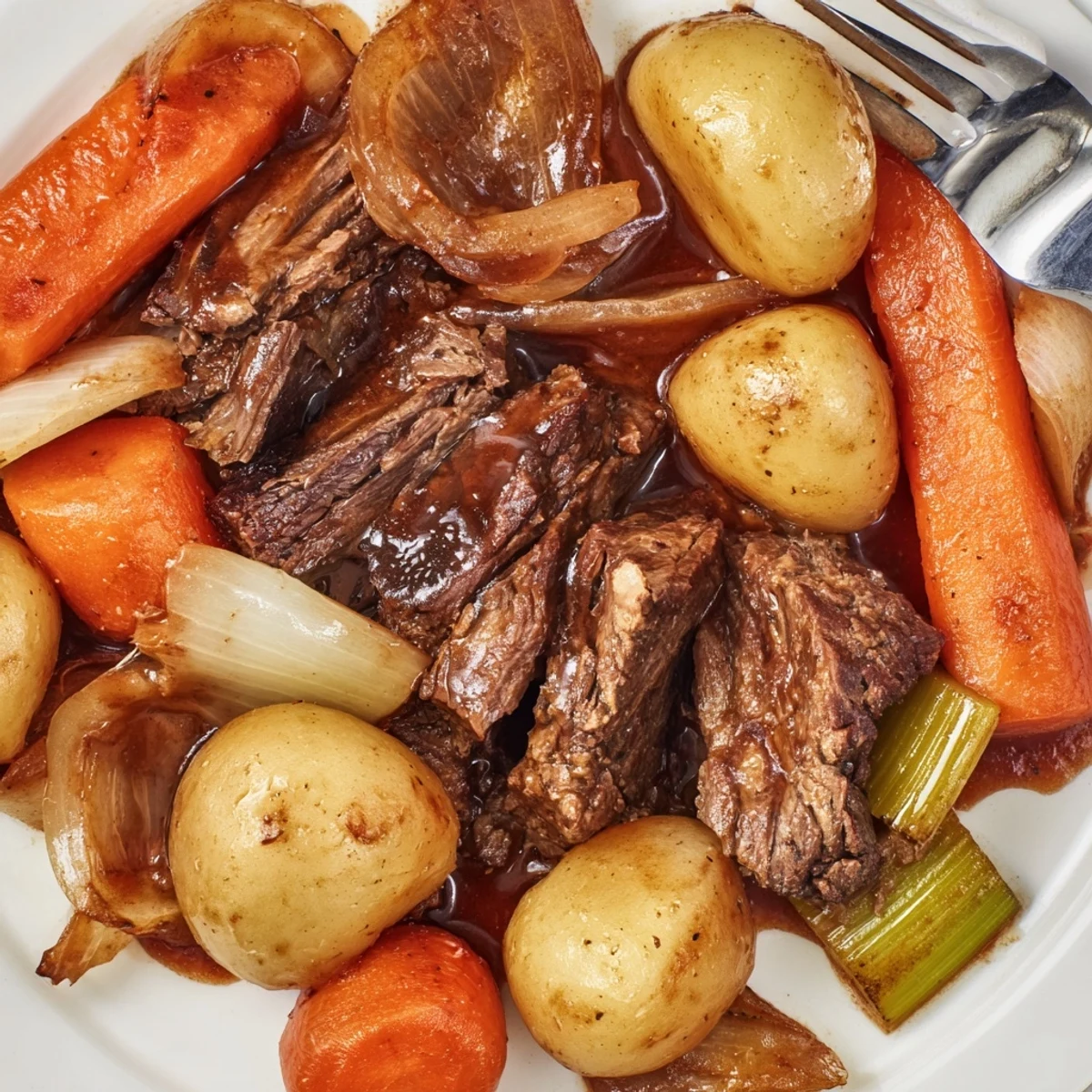 Tender Sunday Pot Roast simmering with roasted carrots and potatoes in rich gravy.  