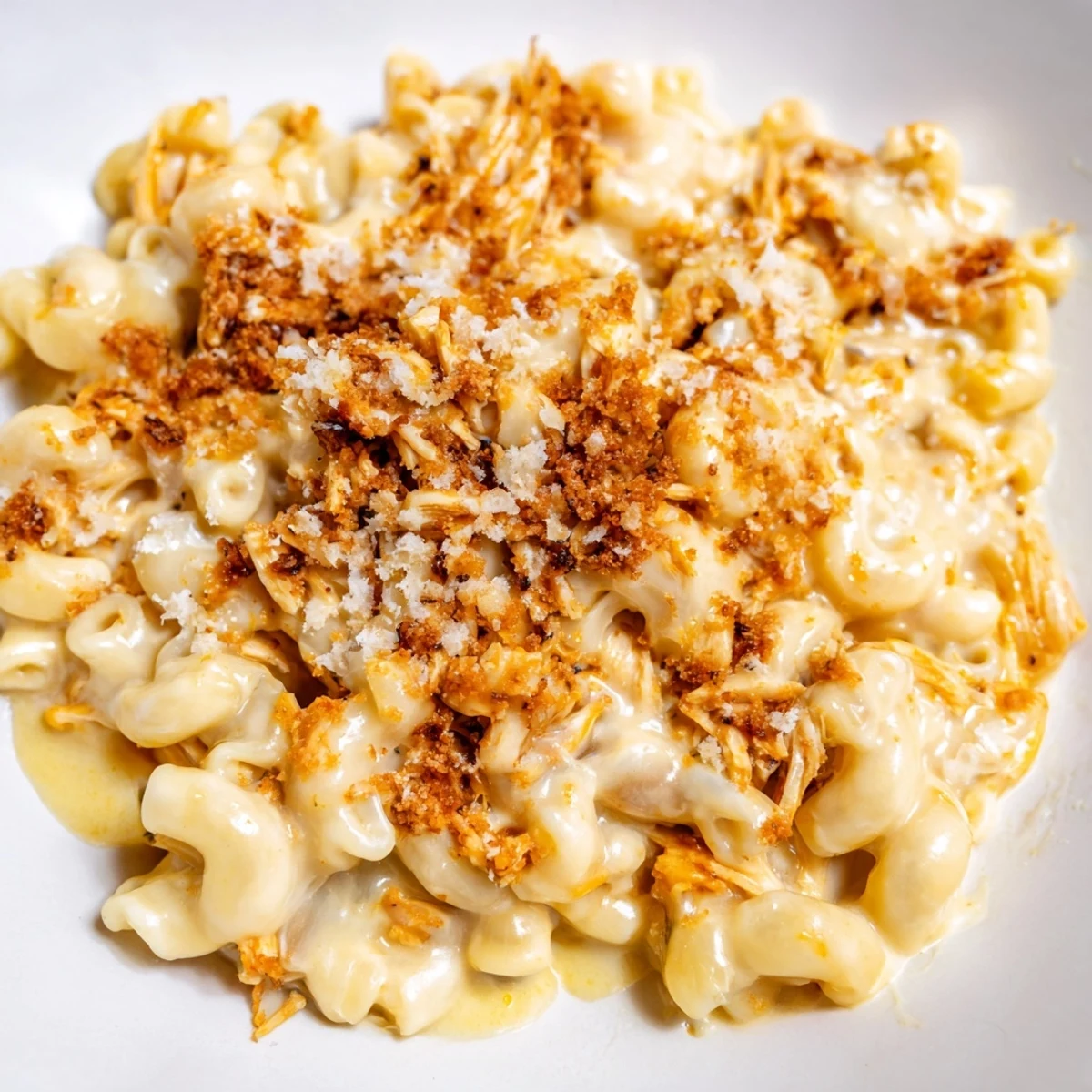 Creamy Classic Mac & Cheese with BBQ chicken, golden and bubbling, perfect for dinner.  