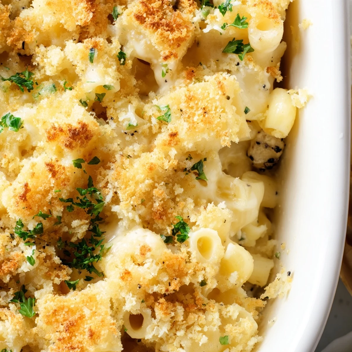 Creamy Truffle Macaroni & Cheese topped with golden breadcrumbs, perfect for comfort food lovers.  