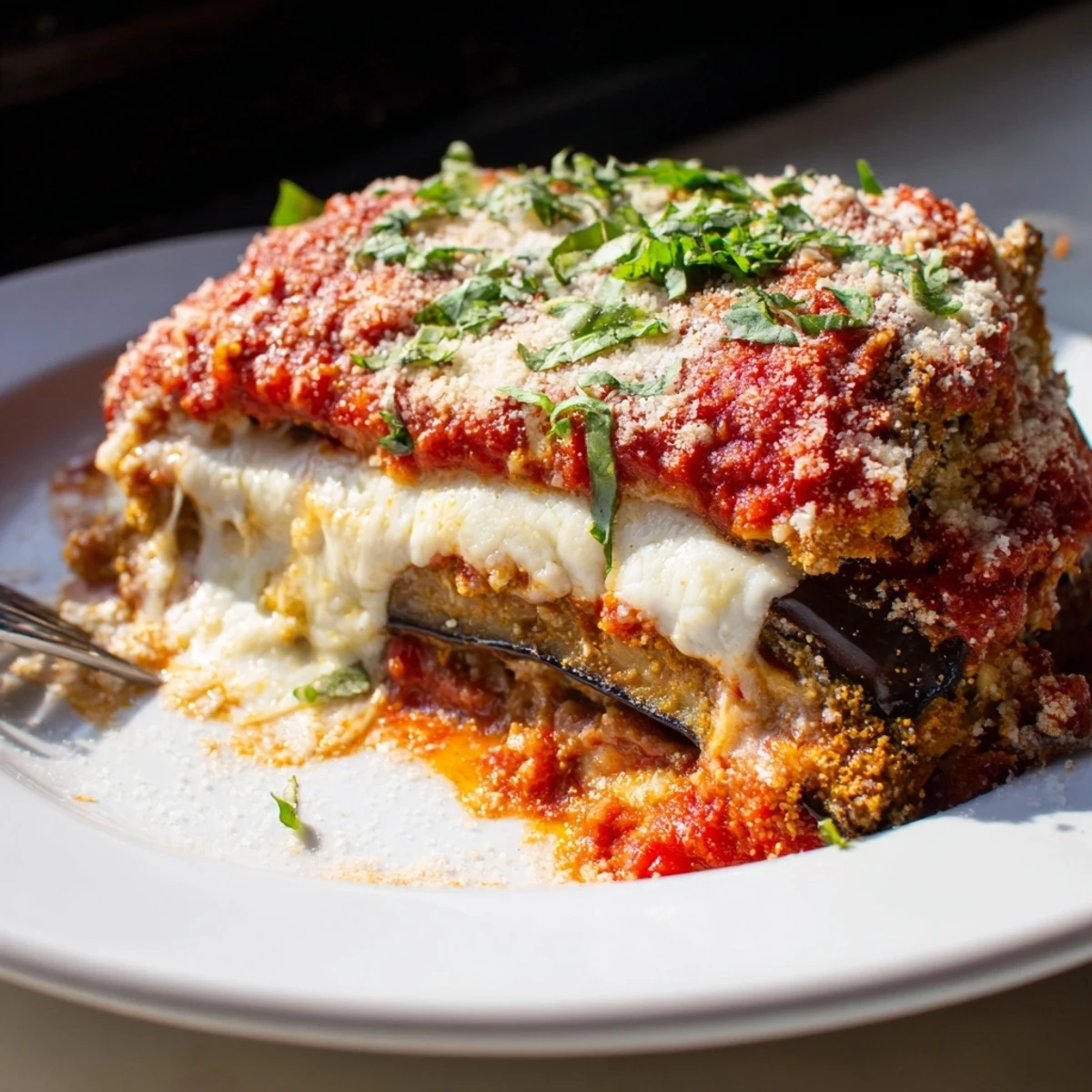 Golden brown Eggplant Parmesan Lasagna layered with rich tomato sauce and melted cheese.  