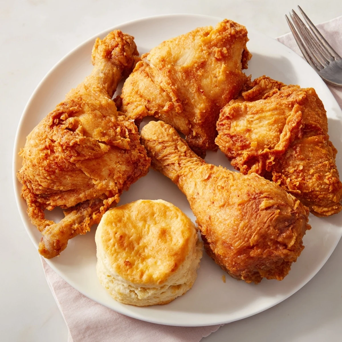 Golden-brown fried chicken served alongside warm buttermilk biscuits for a classic meal.