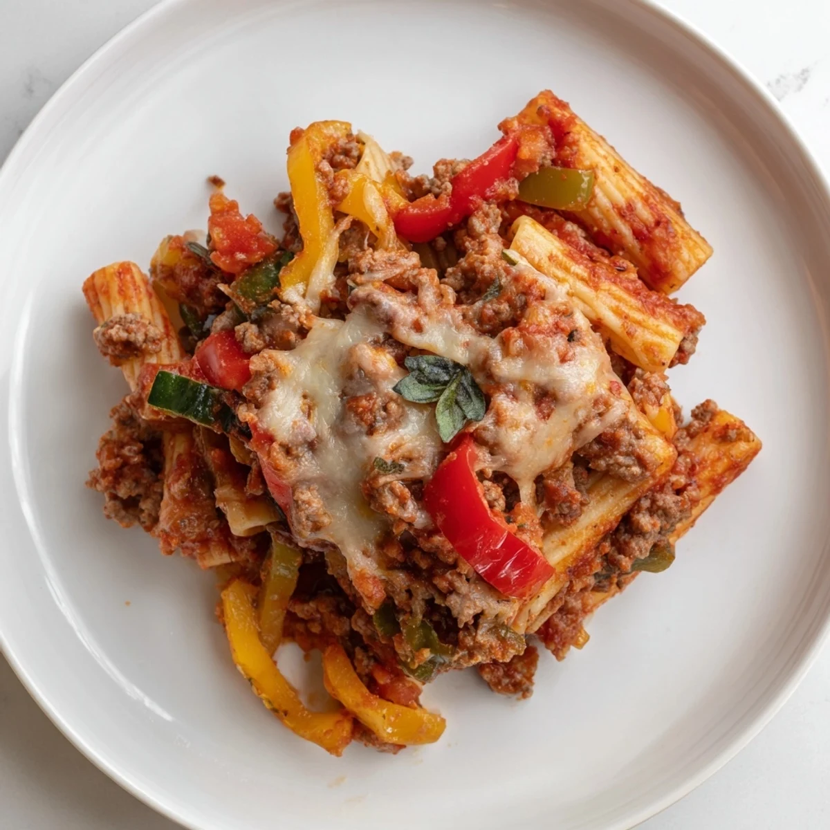 Delicious baked rigatoni with sausage & peppers topped with melted cheese, perfect for dinner.  
