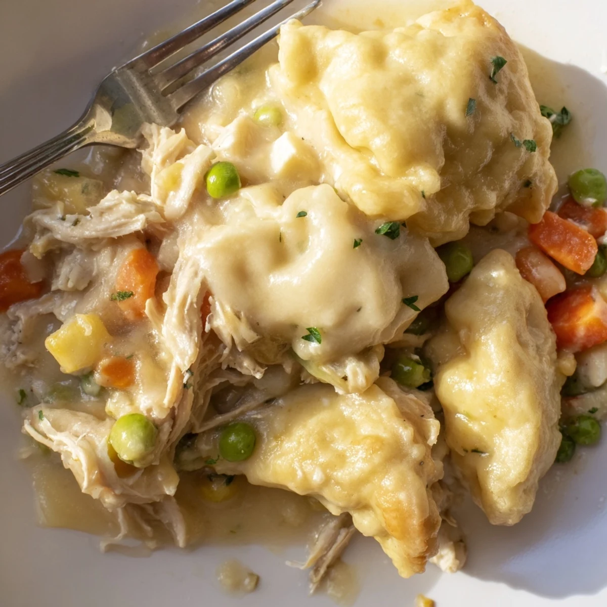 Delicious Chicken and Dumplings Casserole served warm, filled with tender chicken and vegetables.  