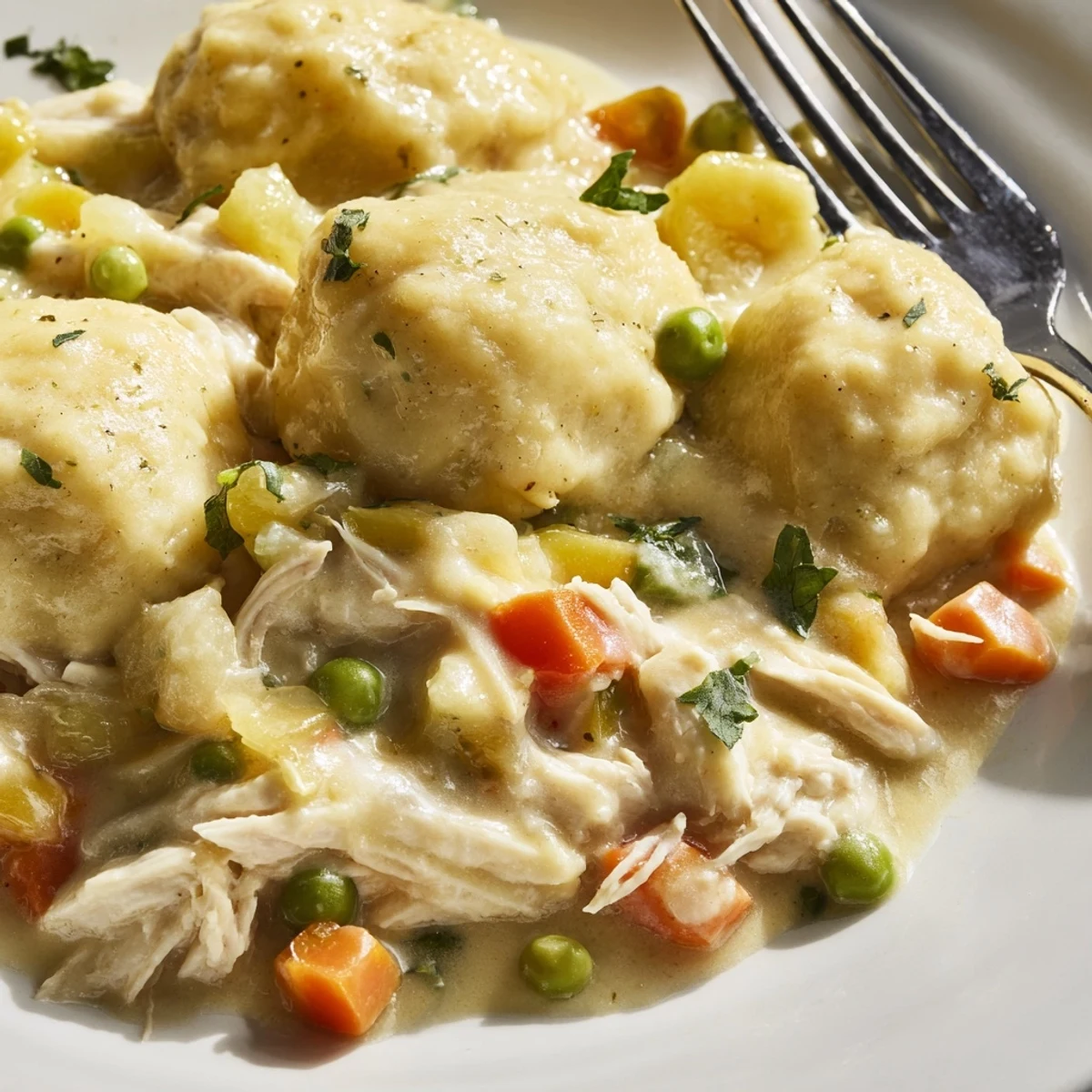 Warm Chicken and Dumplings Casserole topped with fluffy dumplings, perfect for chilly nights.  