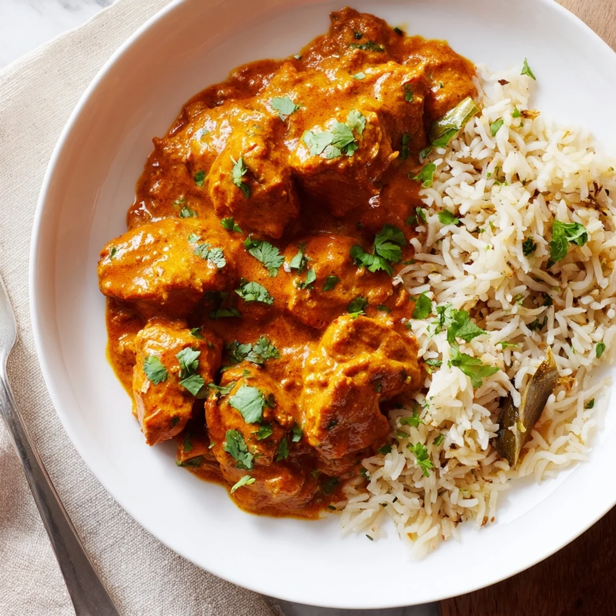 Tender butter chicken in creamy tomato sauce served with fragrant rice pilaf.  