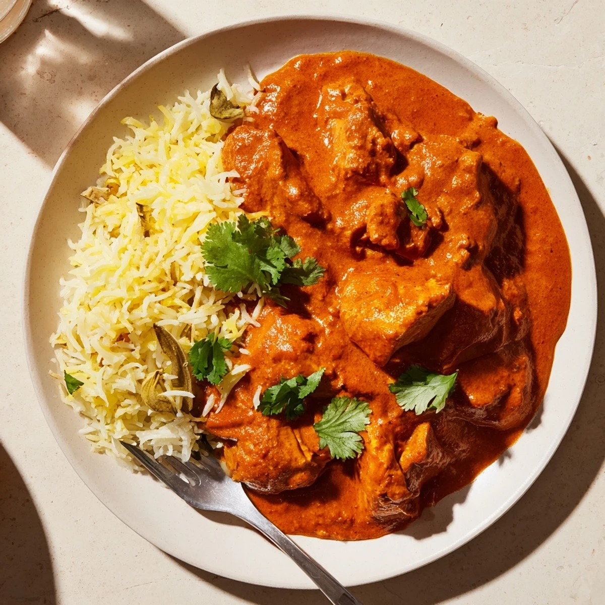 Rich butter chicken dish alongside aromatic, fluffy basmati rice pilaf for dinner.  