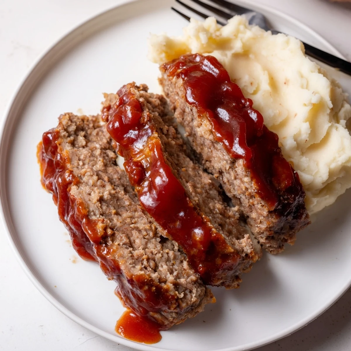 Tender classic meatloaf garnished with rich ketchup glaze and fluffy mashed potatoes on the side.