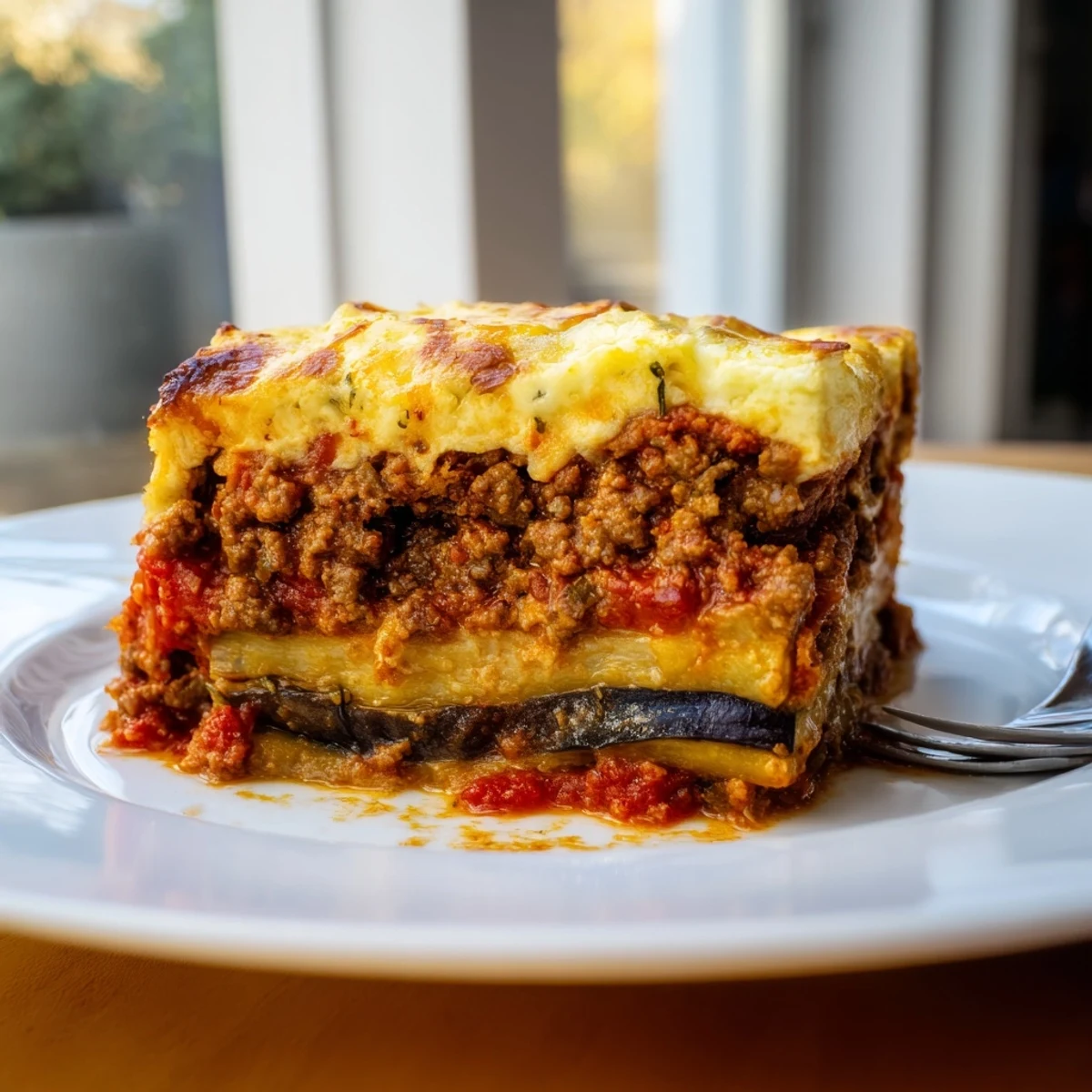 Classic Moussaka with Beef and Eggplant, topped with rich béchamel and savory spices.  