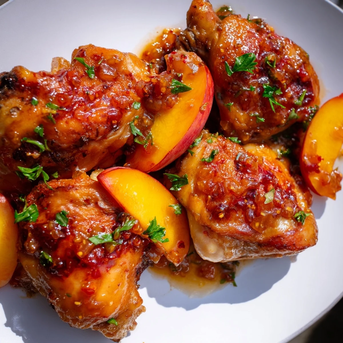 Oven-roasted Sweet & Spicy Peach Glazed Chicken Thighs with caramelized skin and vibrant glaze.  