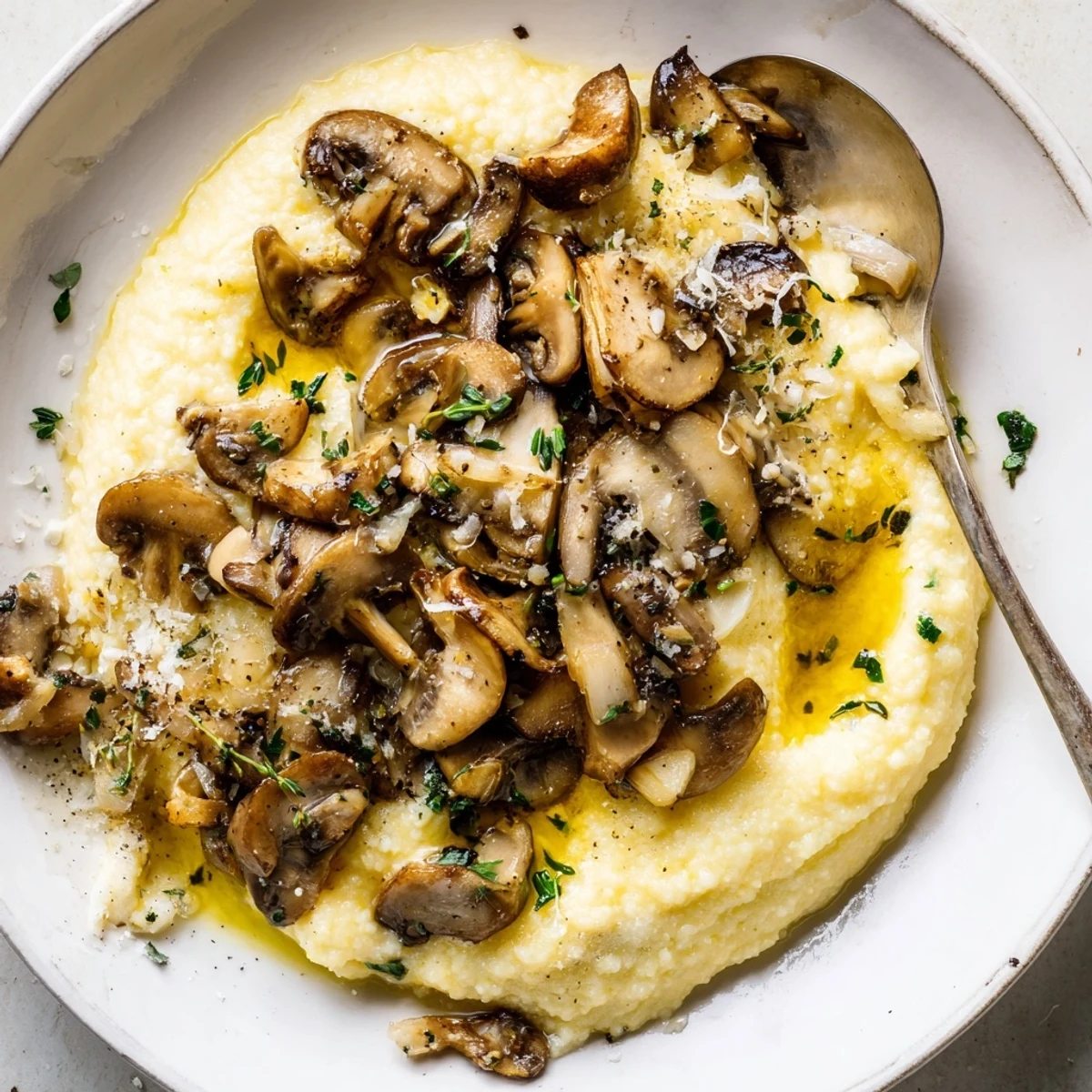 Creamy roasted garlic and herb polenta topped with sautéed mushrooms garnished beautifully.  