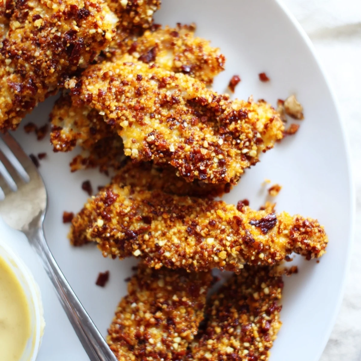 Crispy pecan-crusted chicken tenders served with honey mustard for a flavorful meal.