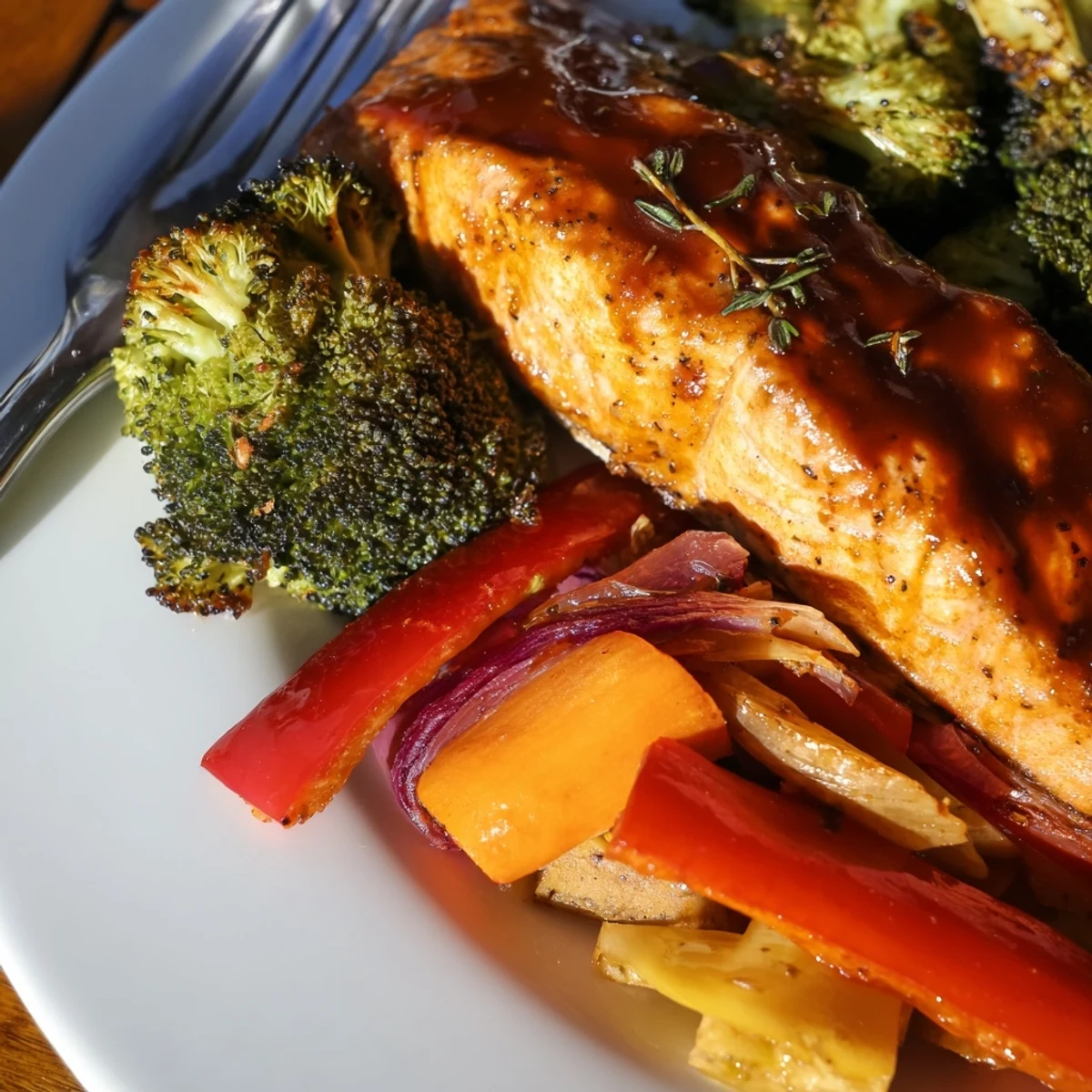 Tender maple bourbon glazed salmon served with vibrant roasted vegetables.  