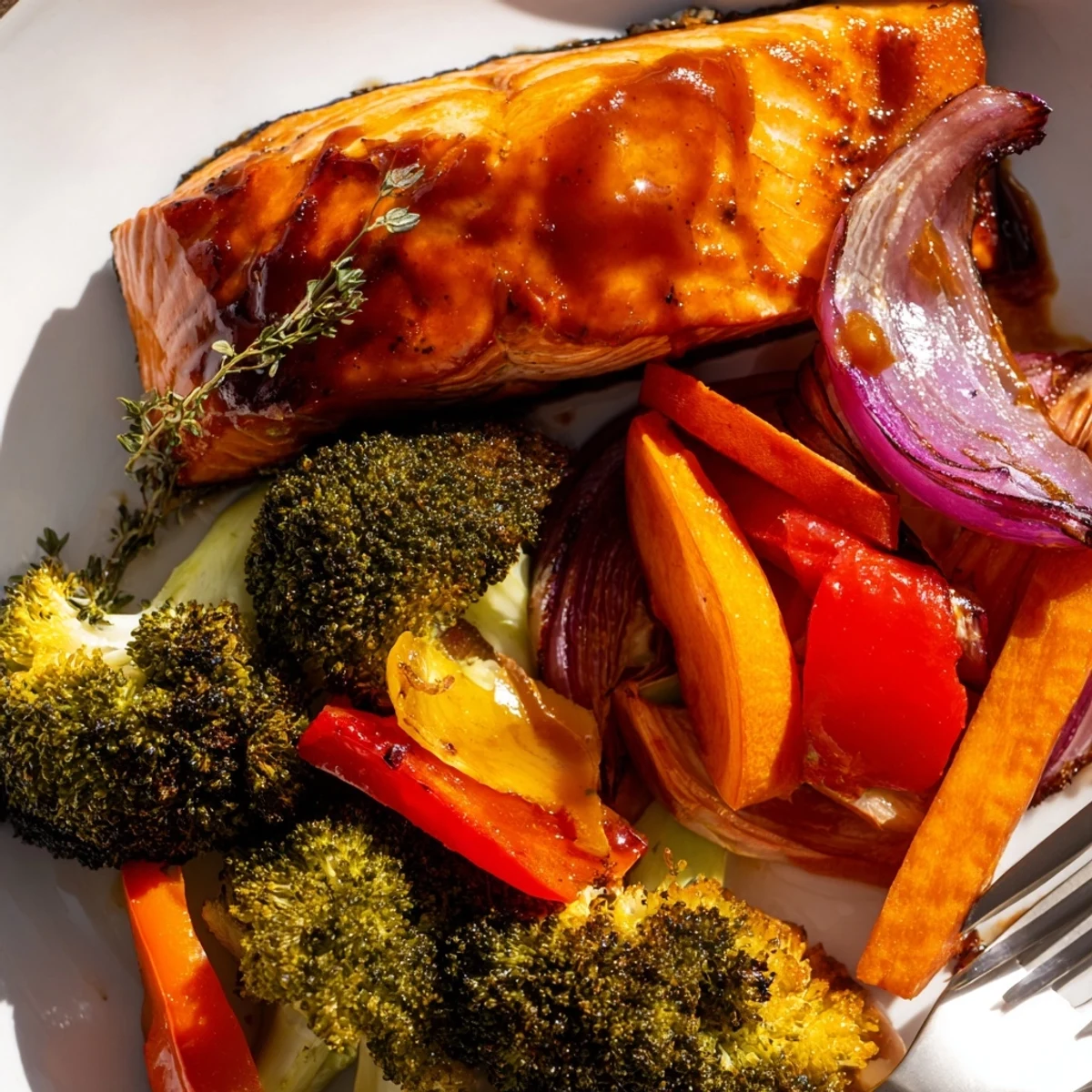 Savory maple bourbon glazed salmon alongside perfectly caramelized seasonal vegetables.