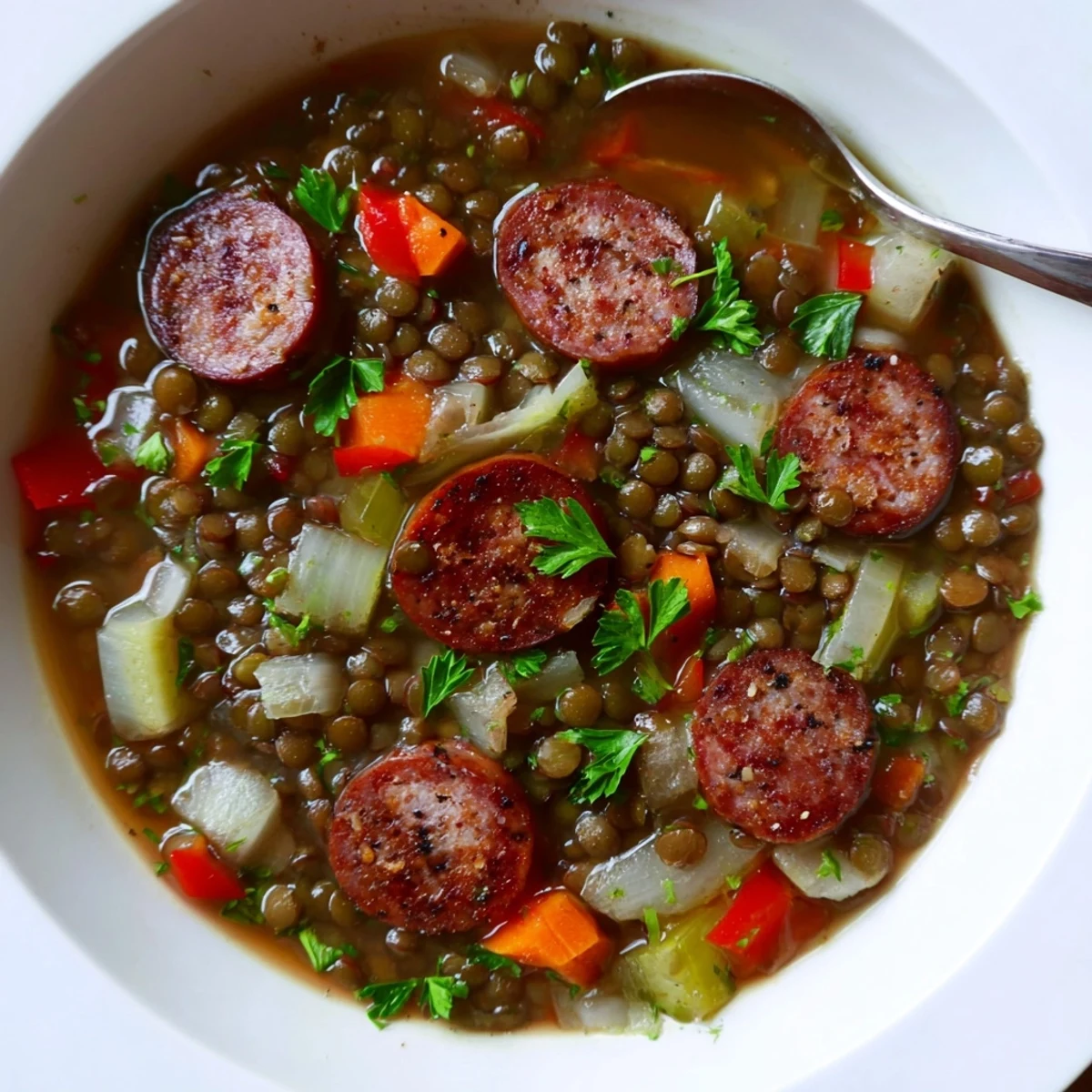 Hearty Cajun spiced lentil and sausage soup garnished with fresh parsley.  