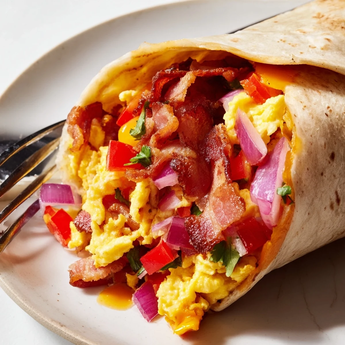 Savory smoked bacon & cheddar breakfast burritos, topped with spicy salsa for flavor.
