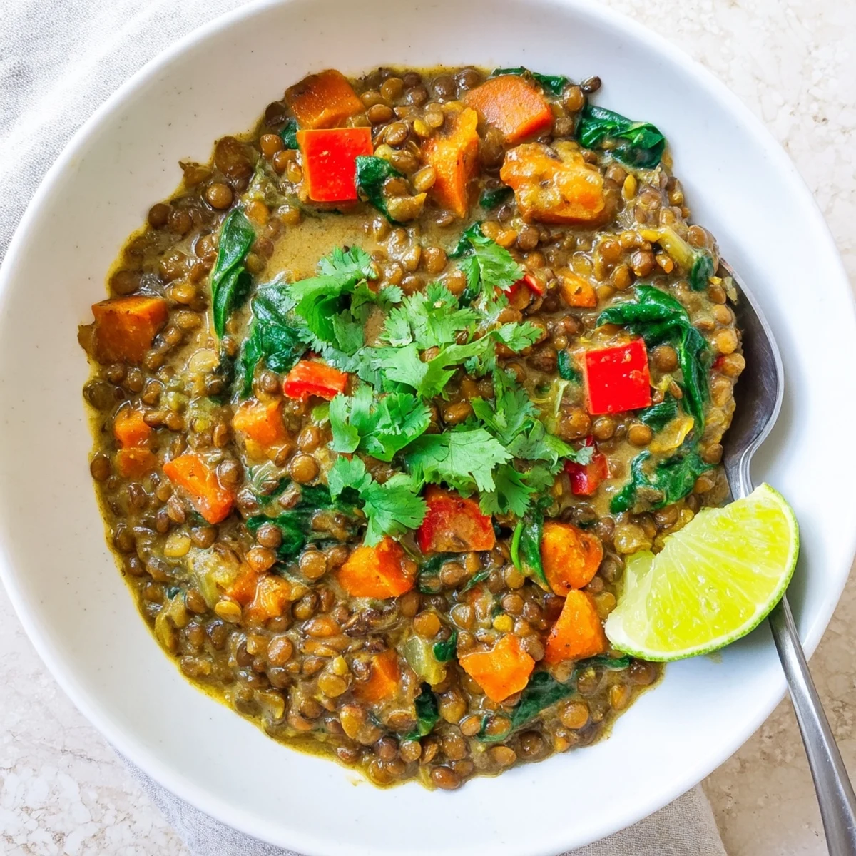A steaming bowl of Coconut Curry Lentil Stew with Spinach, bursting with vibrant colors.  