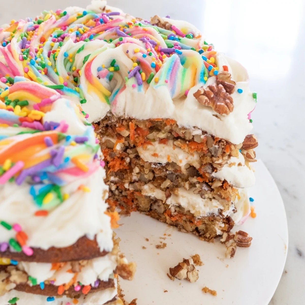 Fluffy, chaotic cream cheese frosting cascades over a moist Silly Carrot Cake, ready to enjoy.
