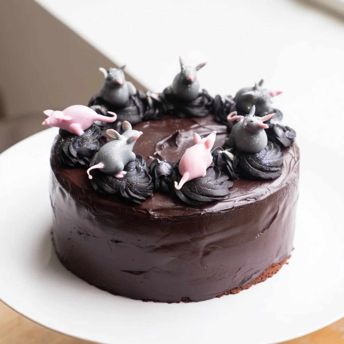 Moist Rat Cake with whipped chocolate ganache, imagined with detailed rat faces, ready to serve.