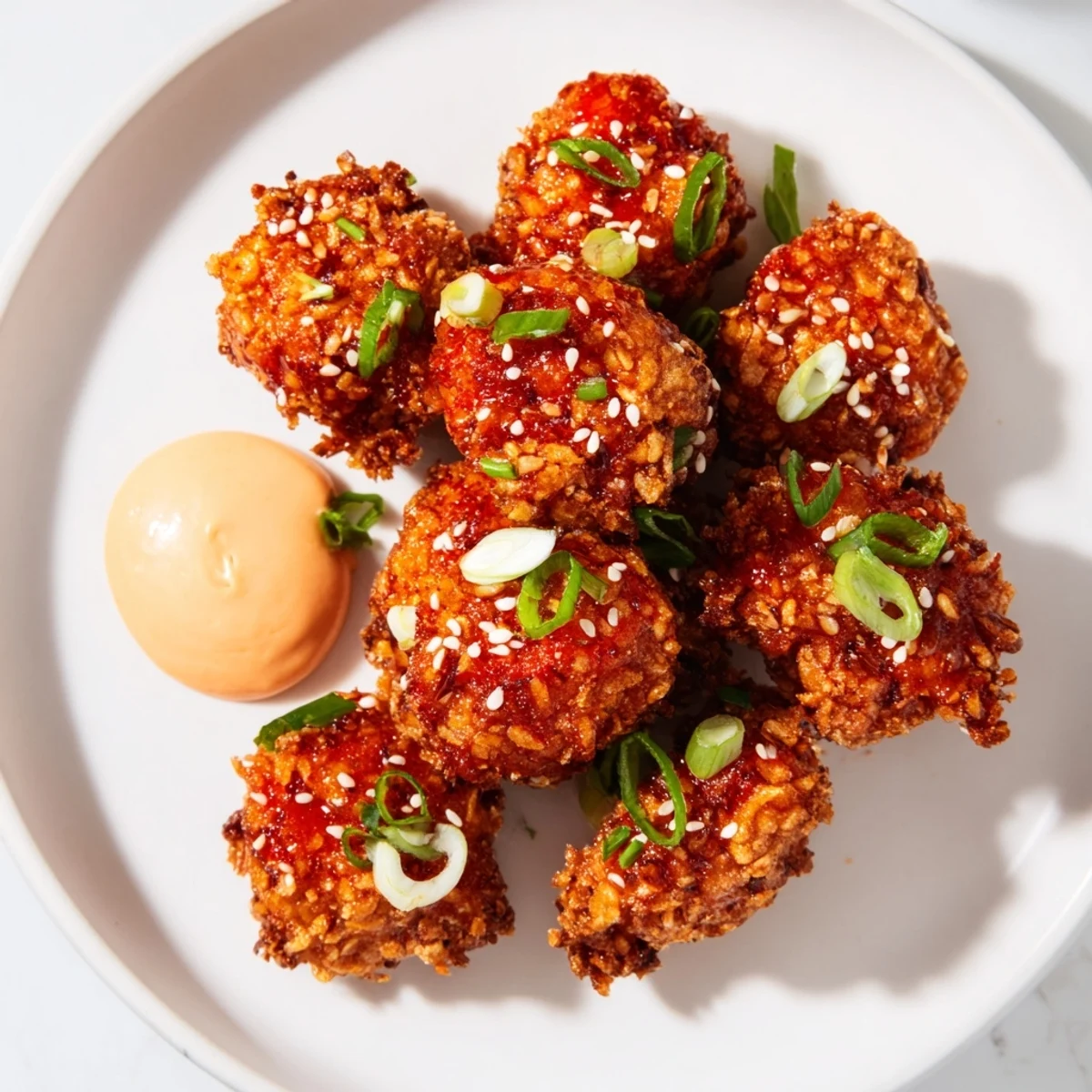 Golden-brown Bang Bang Chicken Bites, coated in sticky sauce, served beside creamy sweet chili mayo.