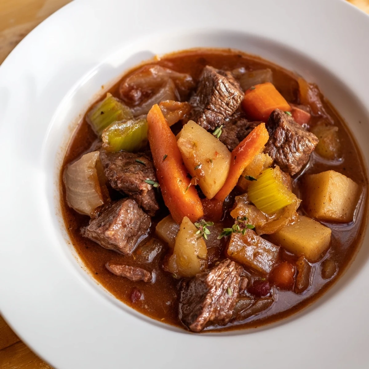 Close-up of bubbling Comfort Crockpot Beef Stew, a warm, savory, and slow-cooked meal for dinner.