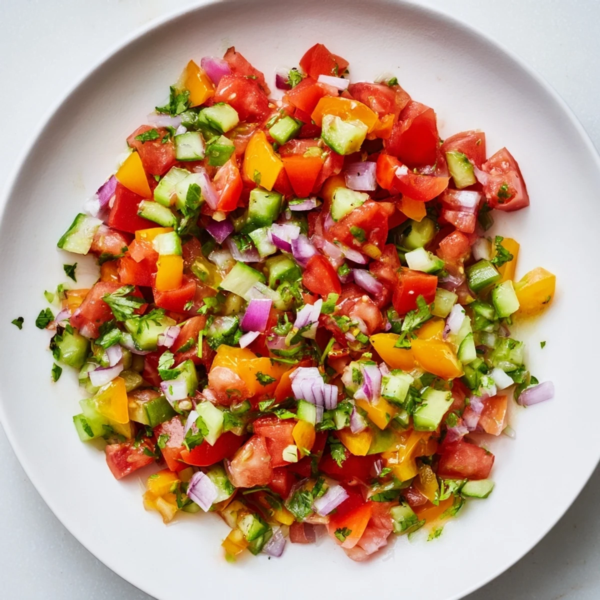 Close-up of bright red and green Pickle De Gallo salsa, a refreshing topping with citrus notes.