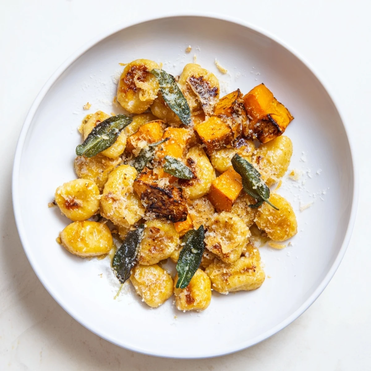 Golden-brown Rustic Butternut Squash & Sage Brown Butter Gnocchi with vibrant, roasted squash pieces.