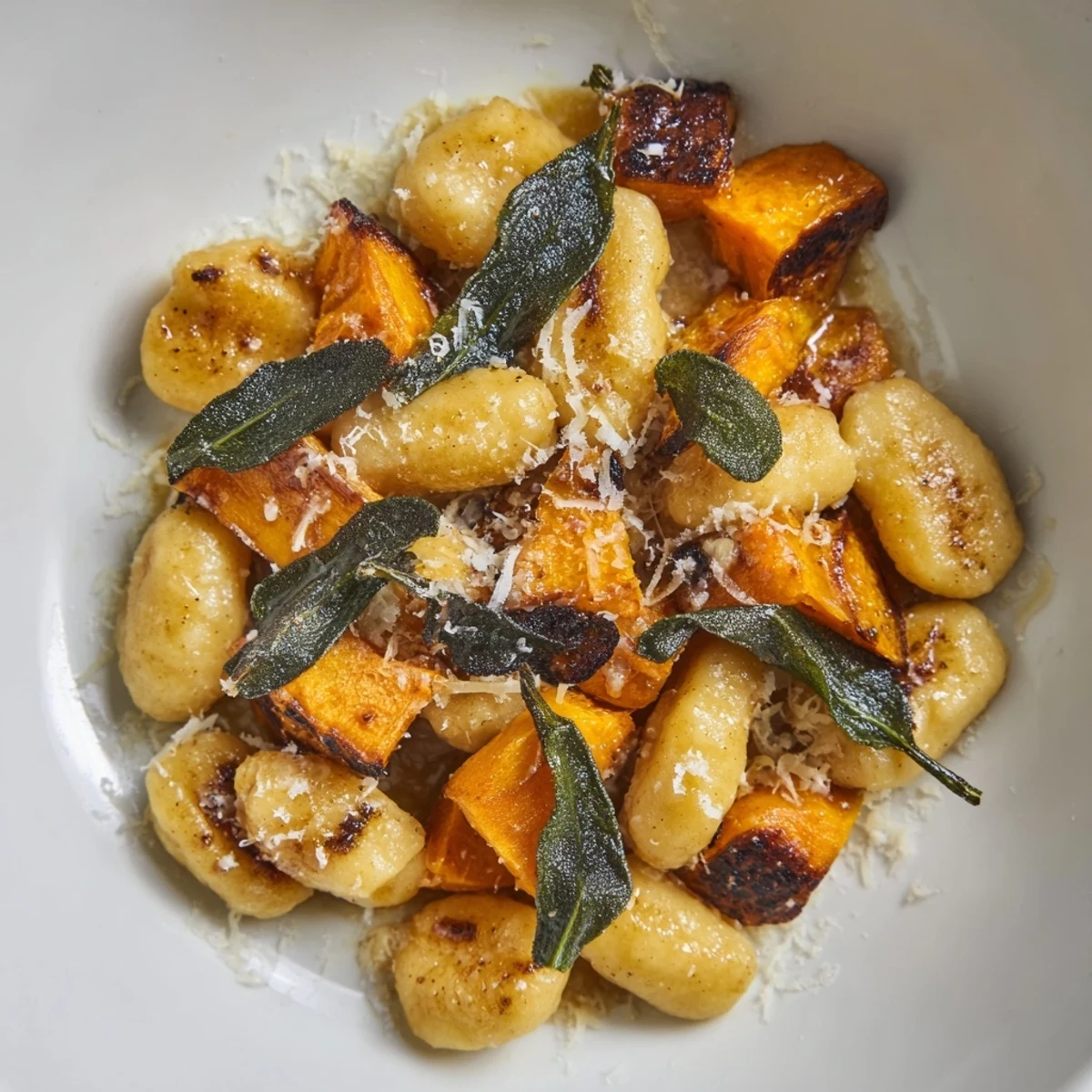 Savory Rustic Butternut Squash & Sage Brown Butter Gnocchi, tossed with crispy sage and Parmesan cheese.