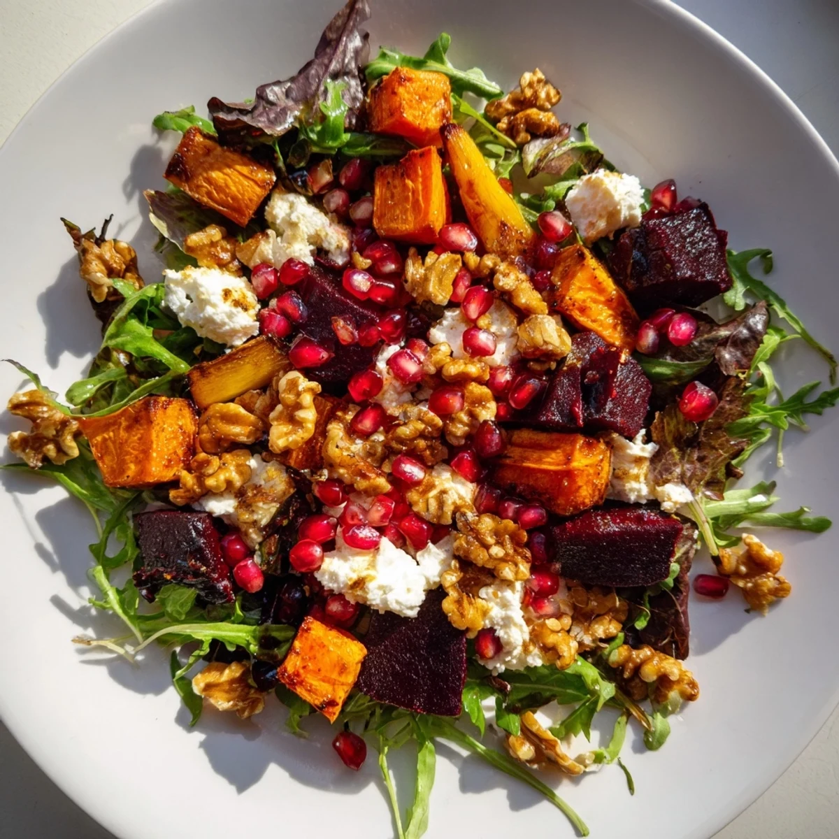Roasted seasonal root vegetable & goat cheese salad topped with ruby-red pomegranate seeds for visual appeal.