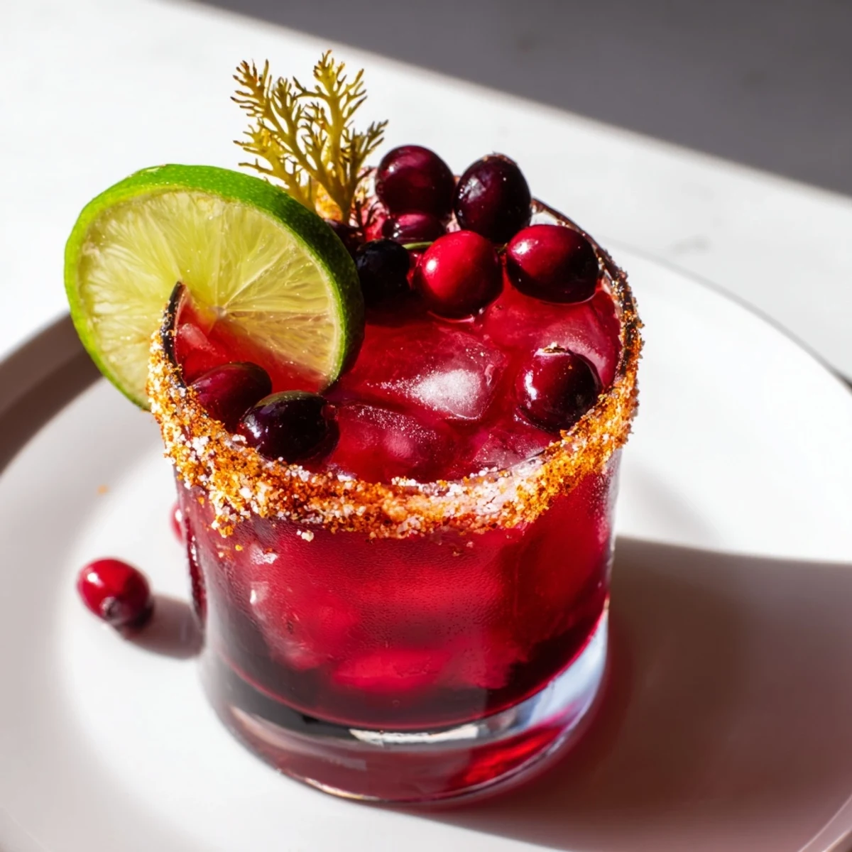 Vibrant pink and green DIY Cranberry-Pickle Margaritas, with a spicy salt rim and fresh ingredients visible.