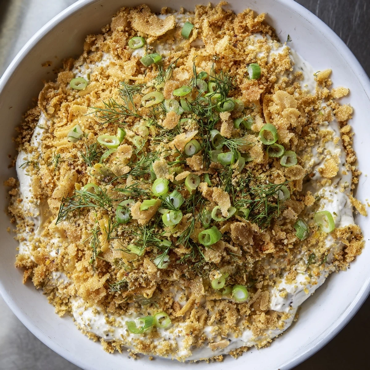 Creamy, flavorful Fried Pickle Dip topped with golden panko, ready for dipping and sharing.
