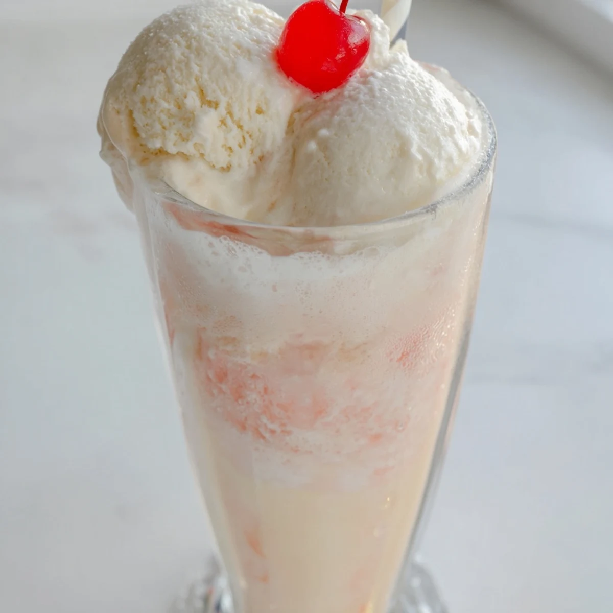 A close-up of a homemade Cream Soda Float, overflowing with ice cream and garnished with a cherry.