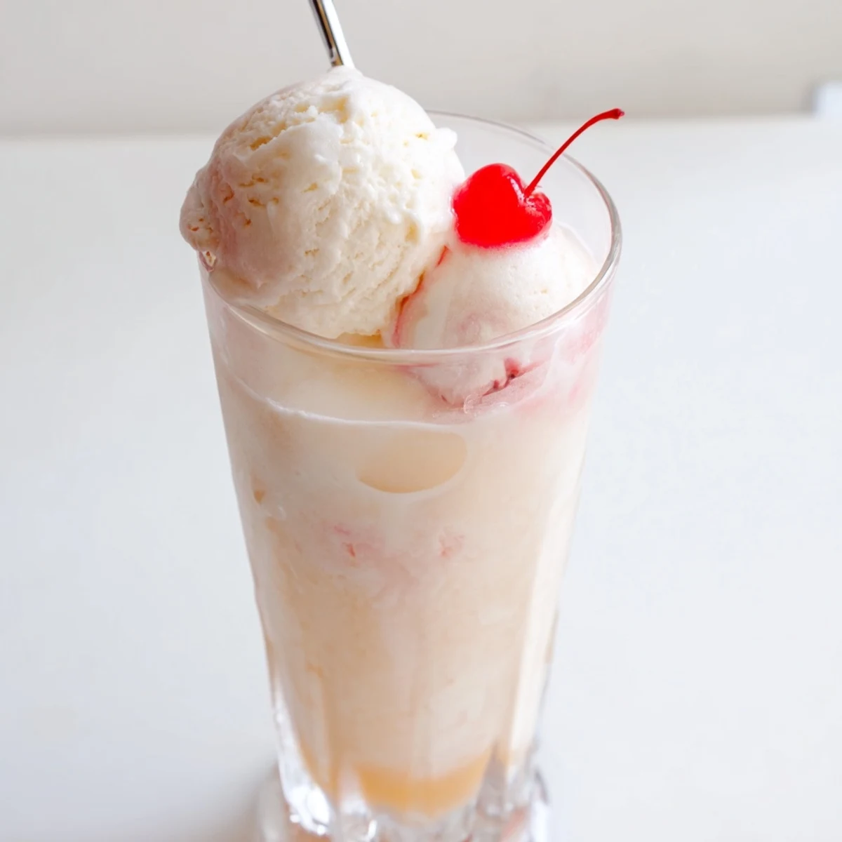 Enjoy a fizzy homemade Cream Soda Float; vanilla ice cream melting into the pink soda.