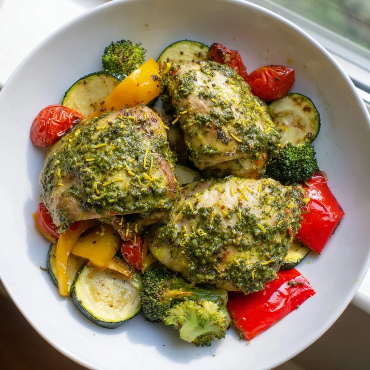 Quick Lemon Pesto Chicken Sheet Pan with golden roasted bell peppers and zucchini, ready to serve.