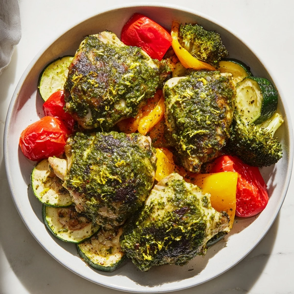Sheet pan meal: imagine juicy Quick Lemon Pesto Chicken with vibrant roasted vegetables and a zesty flavor.