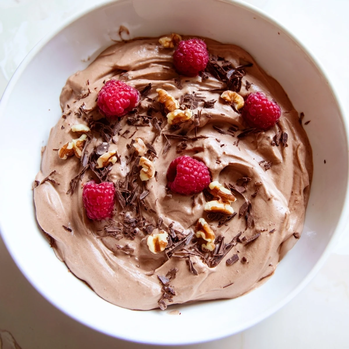 A close-up of decadent No-Bake Cottage Cheese Chocolate Mousse, perfectly chilled with optional chocolate shavings.